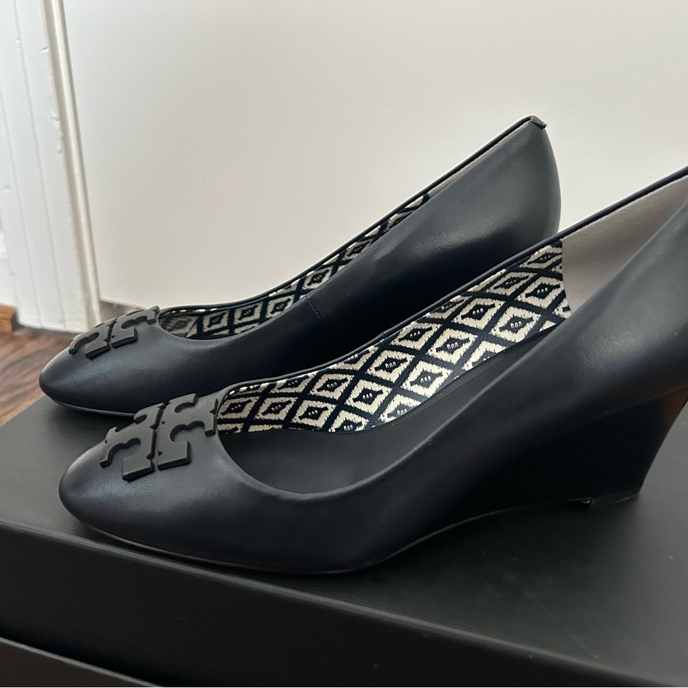 Tory Burch Navy Wedges with Logo Accent